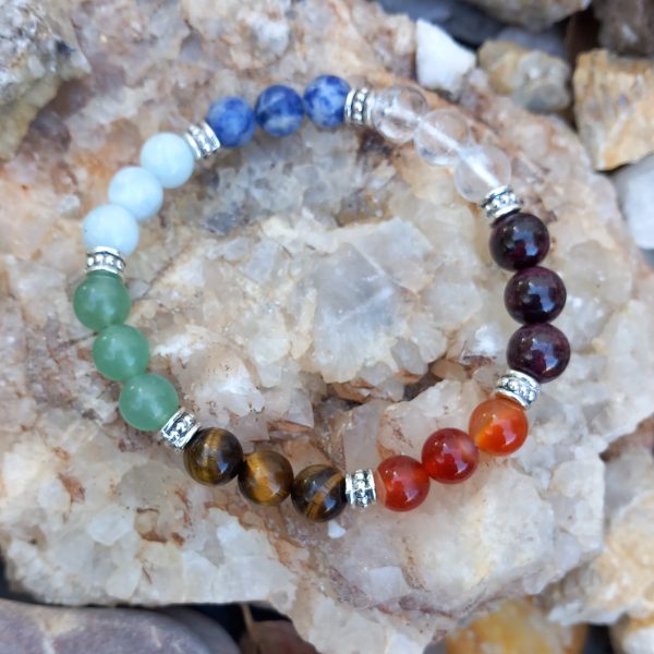 bracelet -pierre-naturelle-7chackras GRENAT & CORNALINE & OEIL DE TIGRE & AVENTURINE VERTE & AIGUE MARINE & SODALITE & CRISTAL DE ROCHE