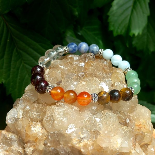 bracelet en pierre-naturelle-7chackras GRENAT & CORNALINE & OEIL DE TIGRE & AVENTURINE VERTE & AIGUE MARINE & SODALITE & CRISTAL DE ROCHE