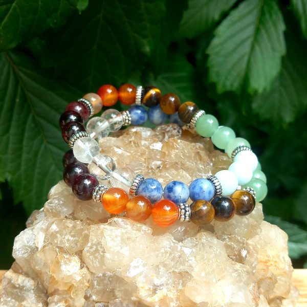 bracelet -pierre-naturelle-7chackras GRENAT & CORNALINE & OEIL DE TIGRE & AVENTURINE VERTE & AIGUE MARINE & SODALITE & CRISTAL DE ROCHE