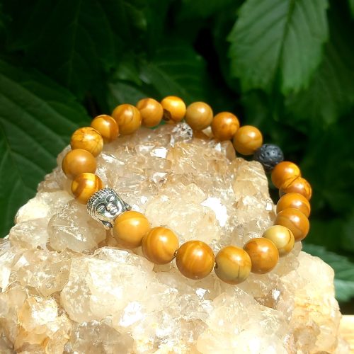 bracelet en pierre naturelle de pierre-de-lave et bois fossilise