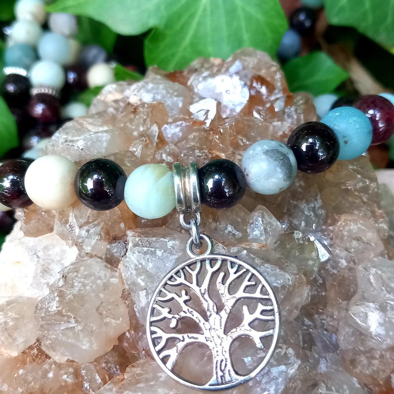 collier mala en amazonite et grenat