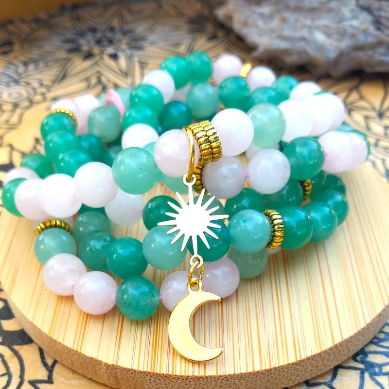 collier mala aventurine-verte et quartz rose  