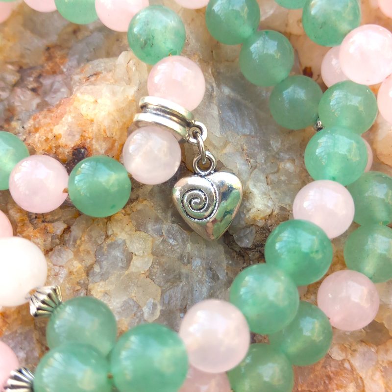collier mala en pierres naturelles aventurine verte et quartz rose