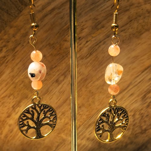 Boucles d'Oreilles en Pierre de Soleil avec arbre de vie doré