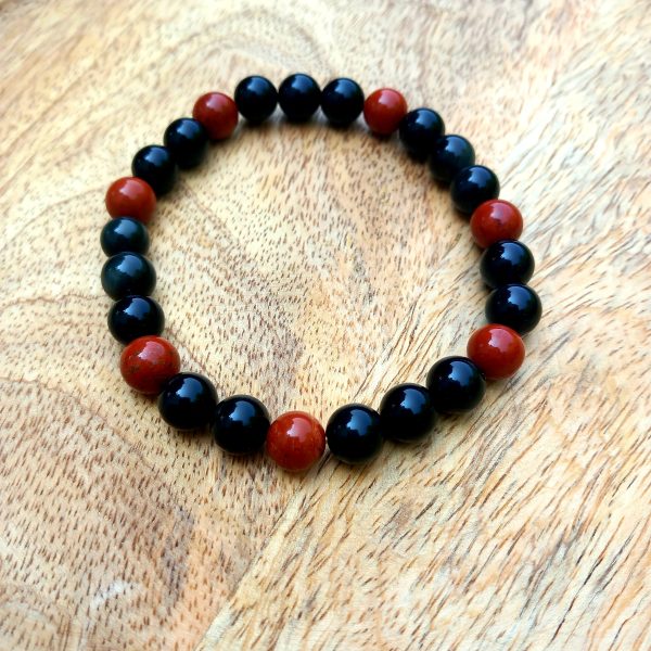 bracelet en pierre naturelle fait main en obsidienne et jaspe rouge