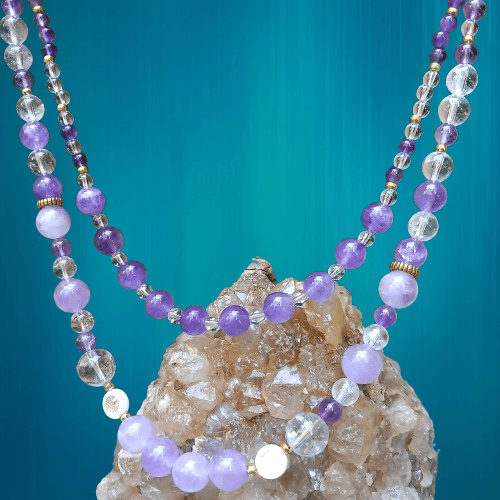 collier pierre naturelle double rang en améthyste et cristal de roche