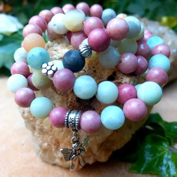 collier mala en pierre naturelle amazonite et rhodonite
