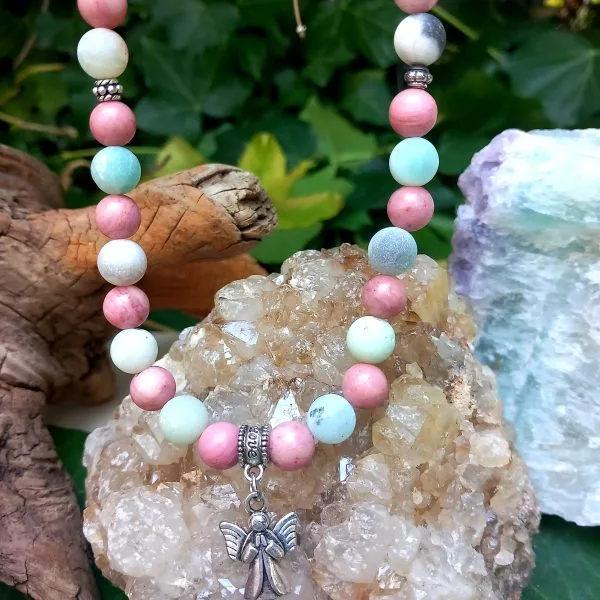 collier mala en pierre naturelle amazonite et rhodonite