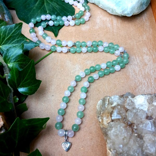 collier mala en pierre naturelle aventurine verte et quartz rose
