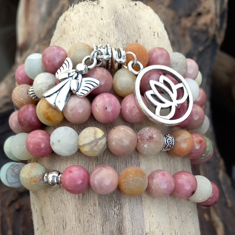 collier mala en pierres naturelles rhodonite et amazonite