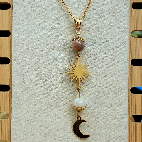 Collier pendentif inox dorée Soleil, Lune, avec Pierre de Soleil & Pierre de Lune